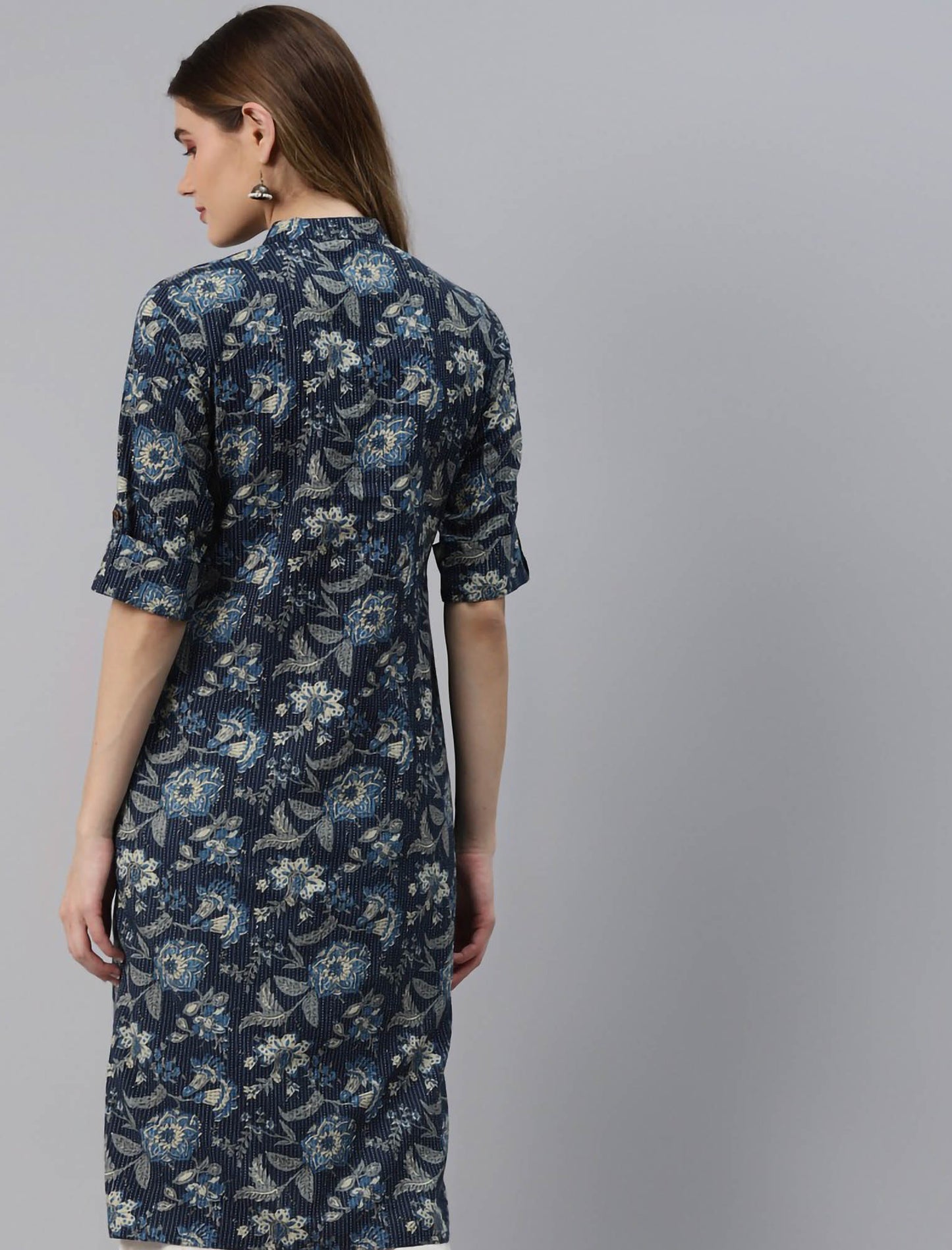 Navy Blue Floral Printed Pure Cotton Divena Kurta For Women