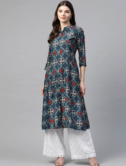 Navy Blue Geometric Printed A-Line Ethnic Kurta