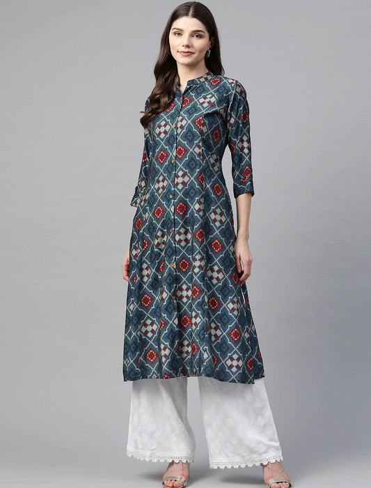 Navy Blue & Grey Geometric Printed A-Line Divena Kurta For Women