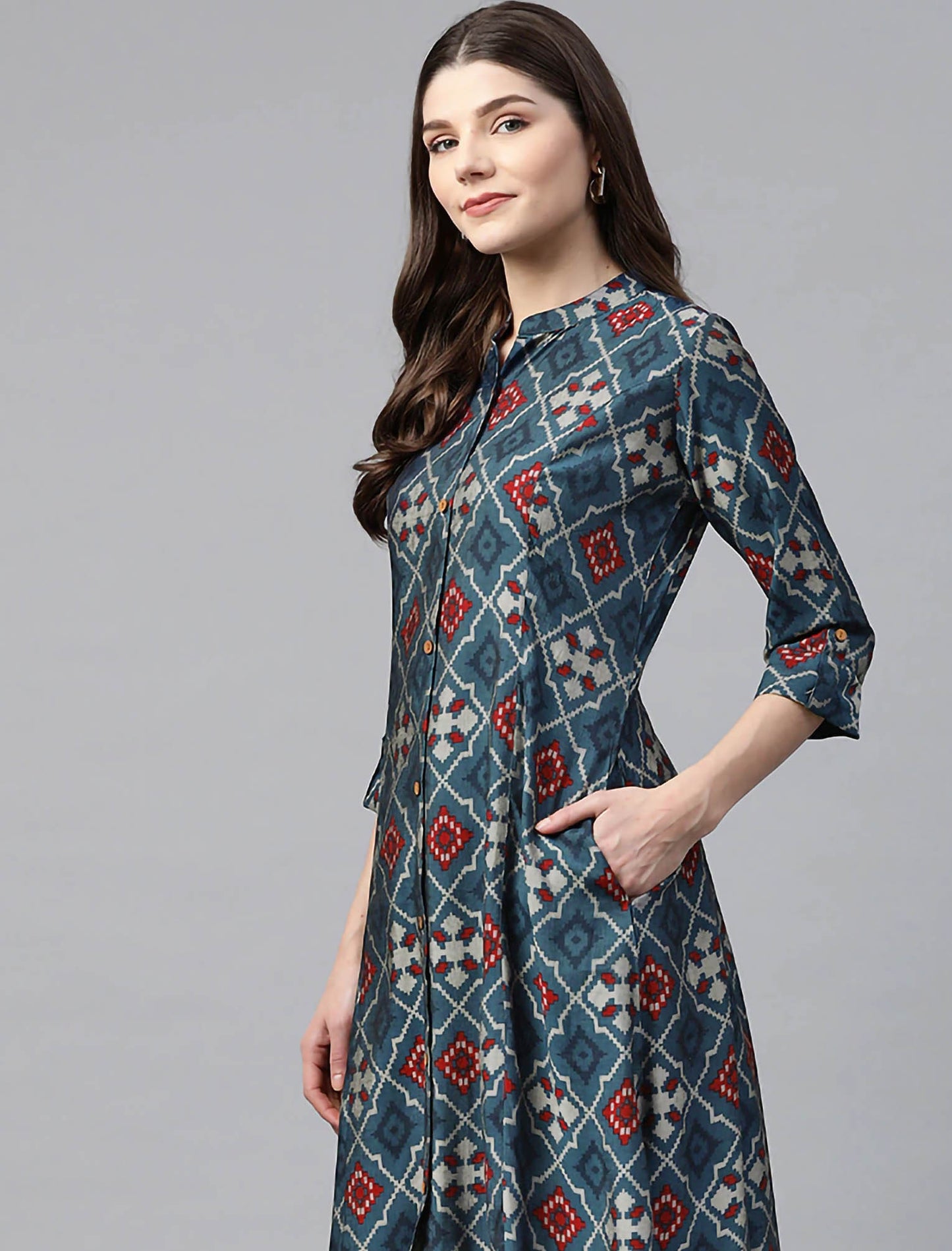 Navy Blue & Grey Geometric Printed A-Line Divena Kurta For Women