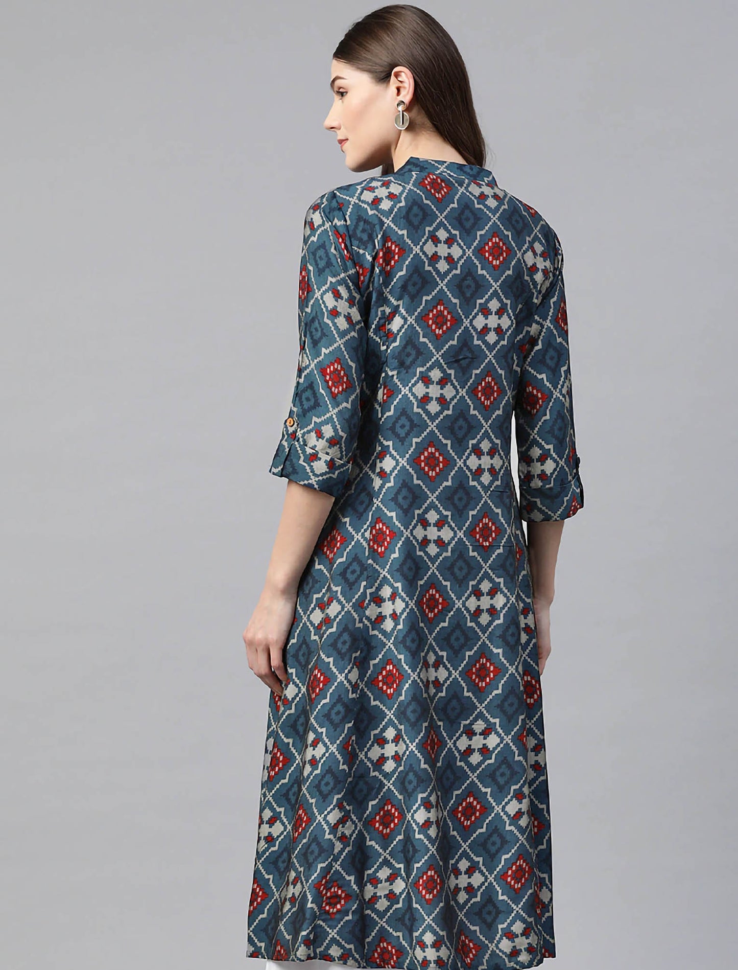 Navy Blue & Grey Geometric Printed A-Line Divena Kurta For Women