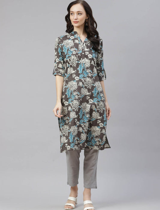 Brown Floral Printed Divena Kurta For Women