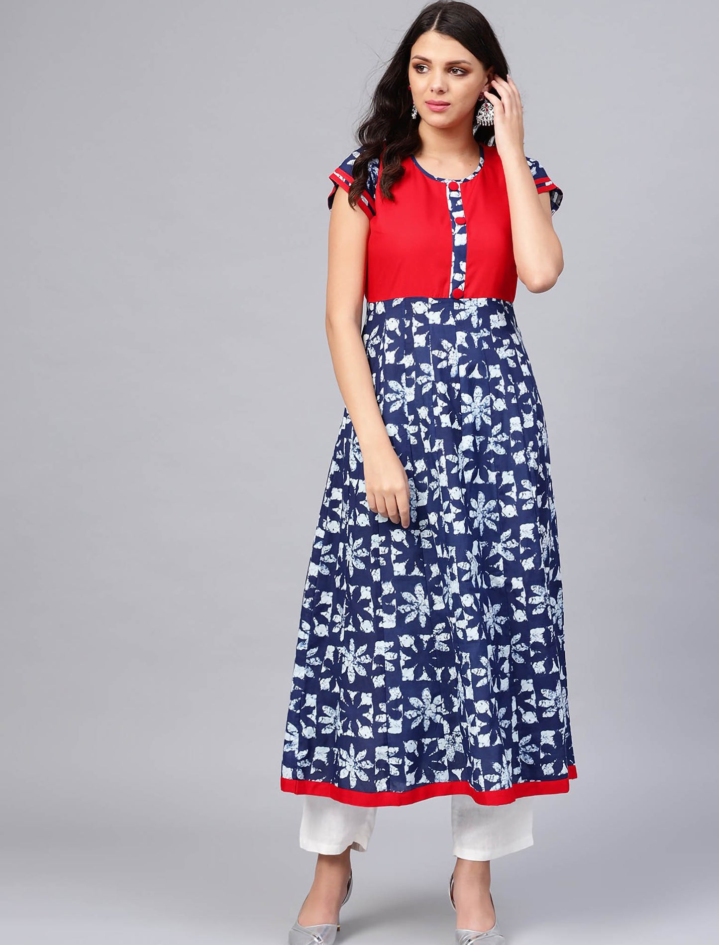 Blue & Red Printed A-Line Divena Kurta For Women