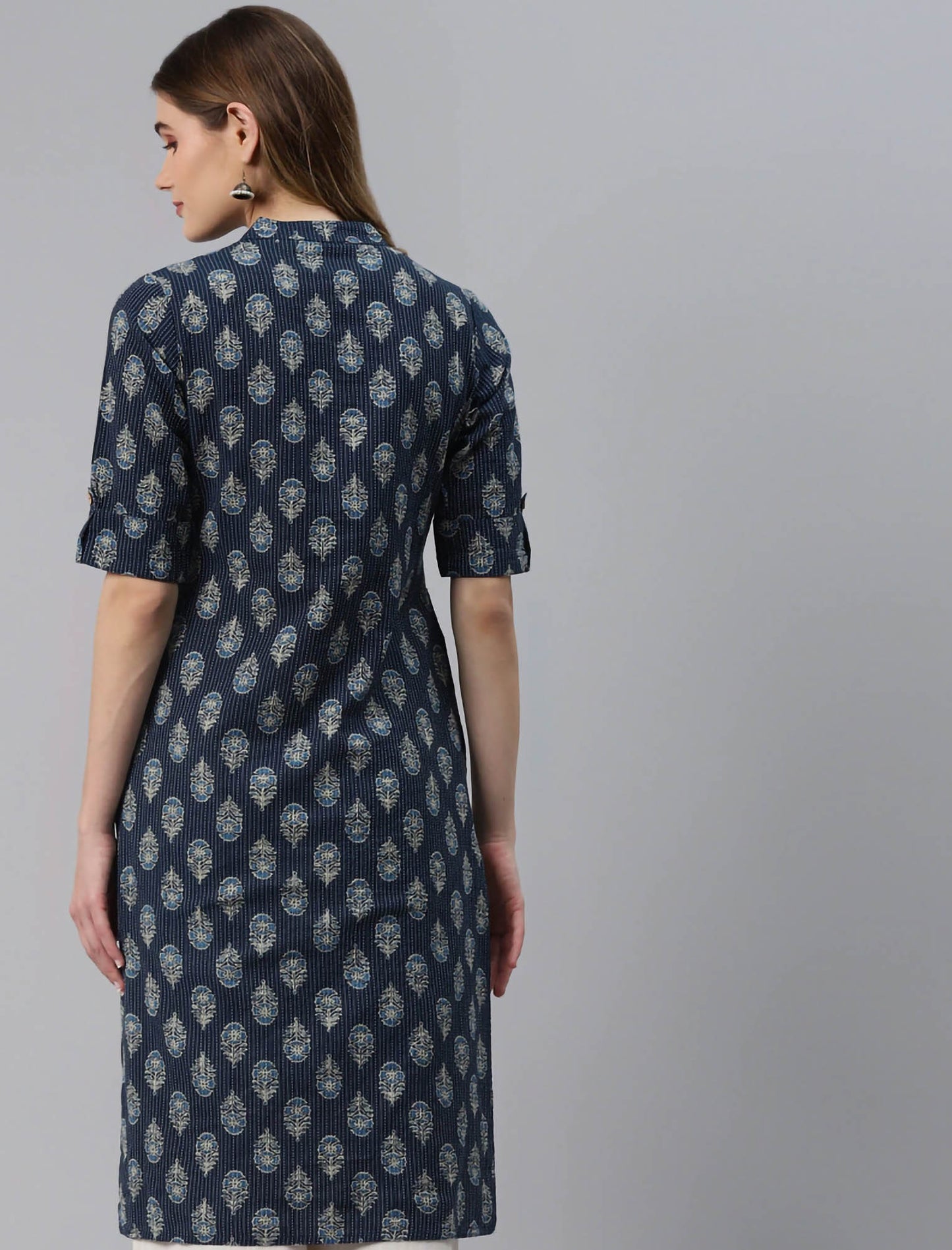 Navy Blue Floral Printed Pure Cotton Divena Kurta For Women