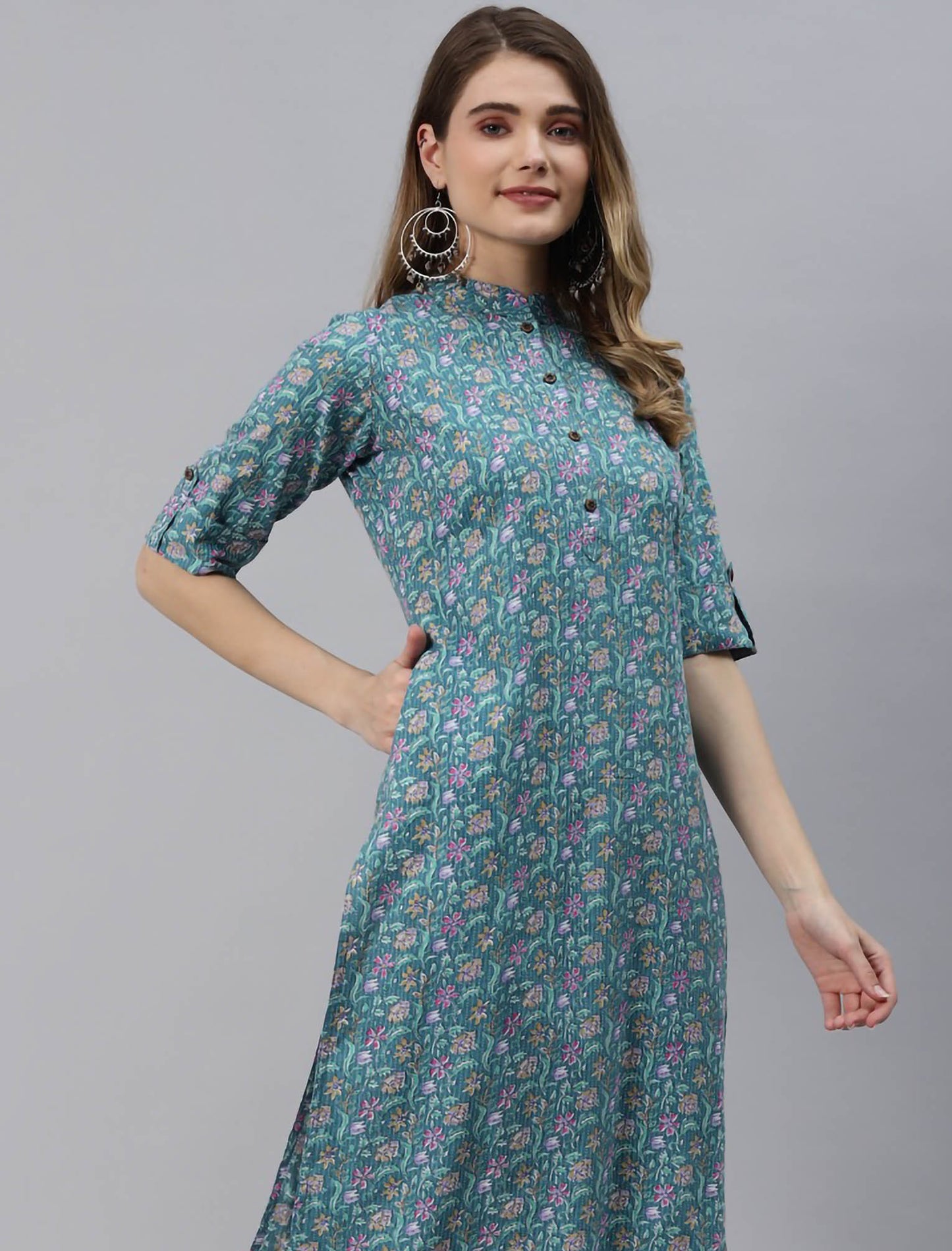 Sea Green Floral Printed Cotton Divena Kurta For Women