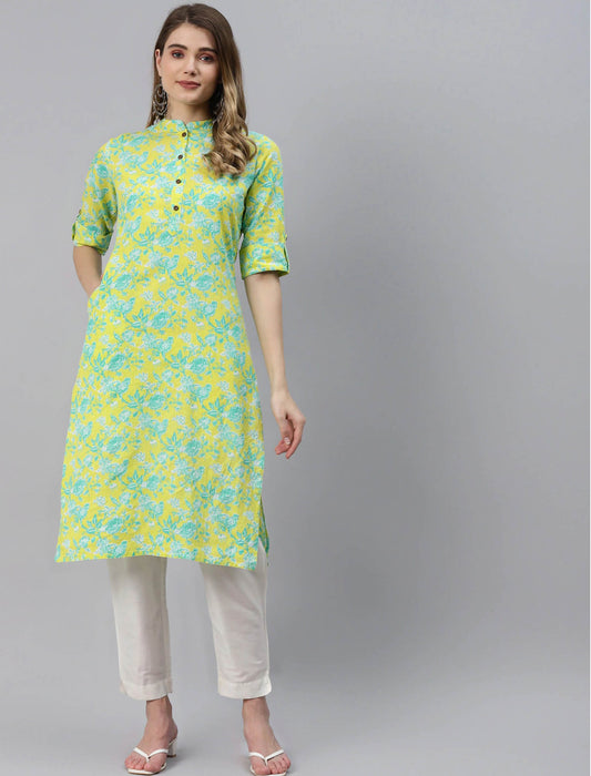 Yellow & Green Floral Printed Pure Cotton Divena Kurta For Women