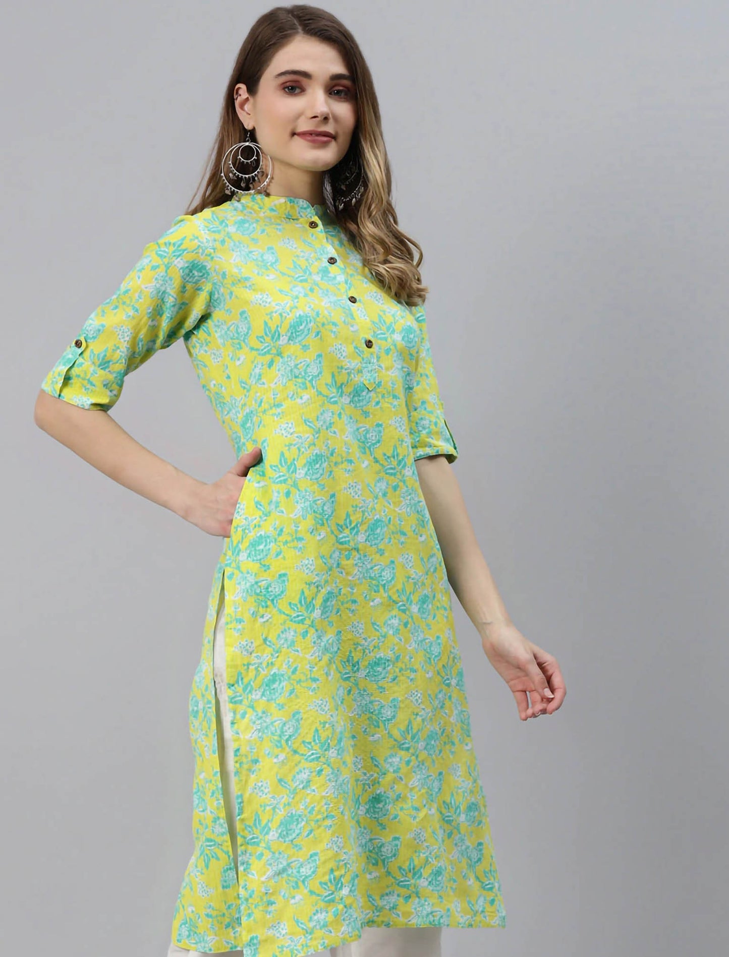 Yellow & Green Floral Printed Pure Cotton Divena Kurta For Women