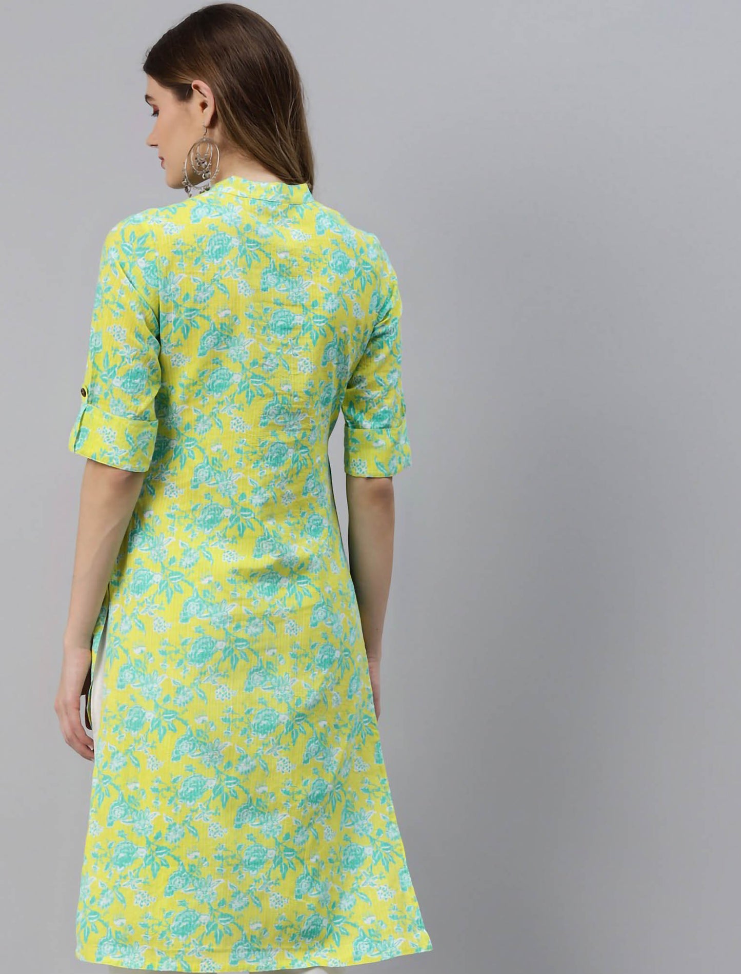 Yellow & Green Floral Printed Pure Cotton Divena Kurta For Women