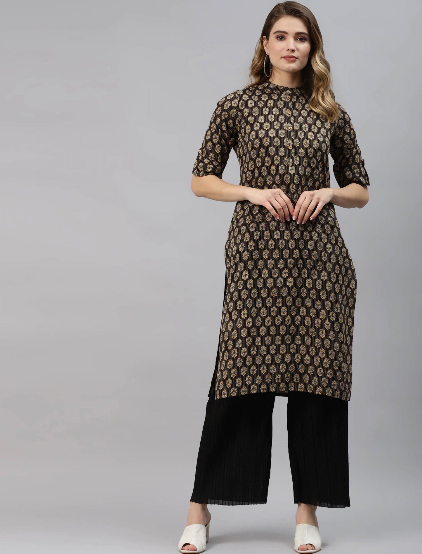 Black & Beige Ethnic Motifs Printed Cotton Divena Kurta For Women