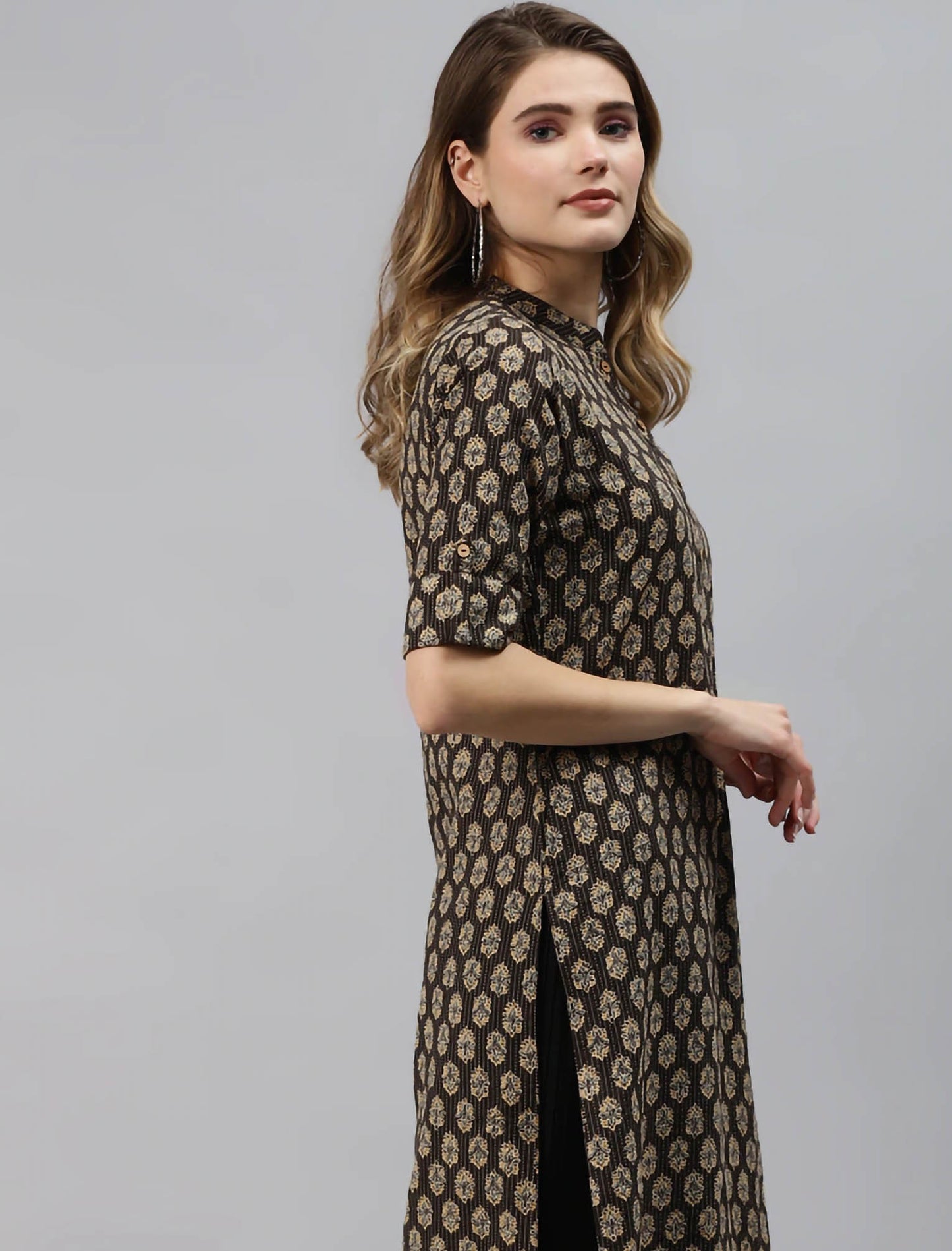 Black & Beige Ethnic Motifs Printed Cotton Divena Kurta For Women