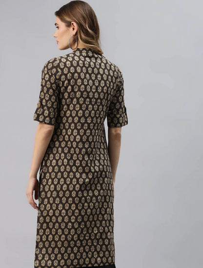 Black & Beige Ethnic Motifs Printed Cotton Divena Kurta For Women