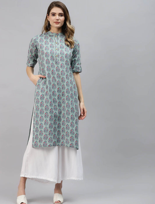 Turquoise Blue & Pink Ethnic Motifs Printed Cotton Divena Kurta For Women