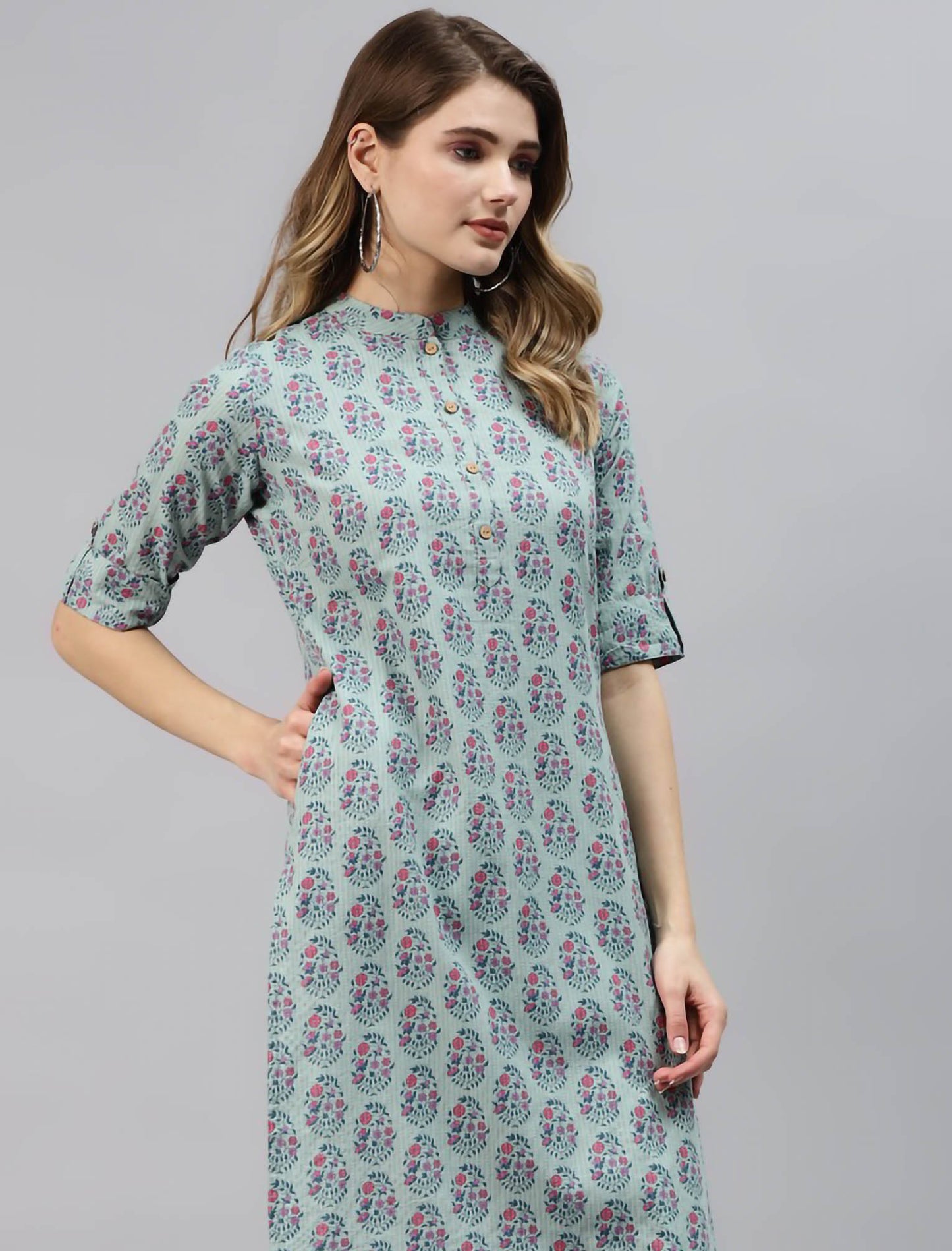 Turquoise Blue & Pink Ethnic Motifs Printed Cotton Divena Kurta For Women