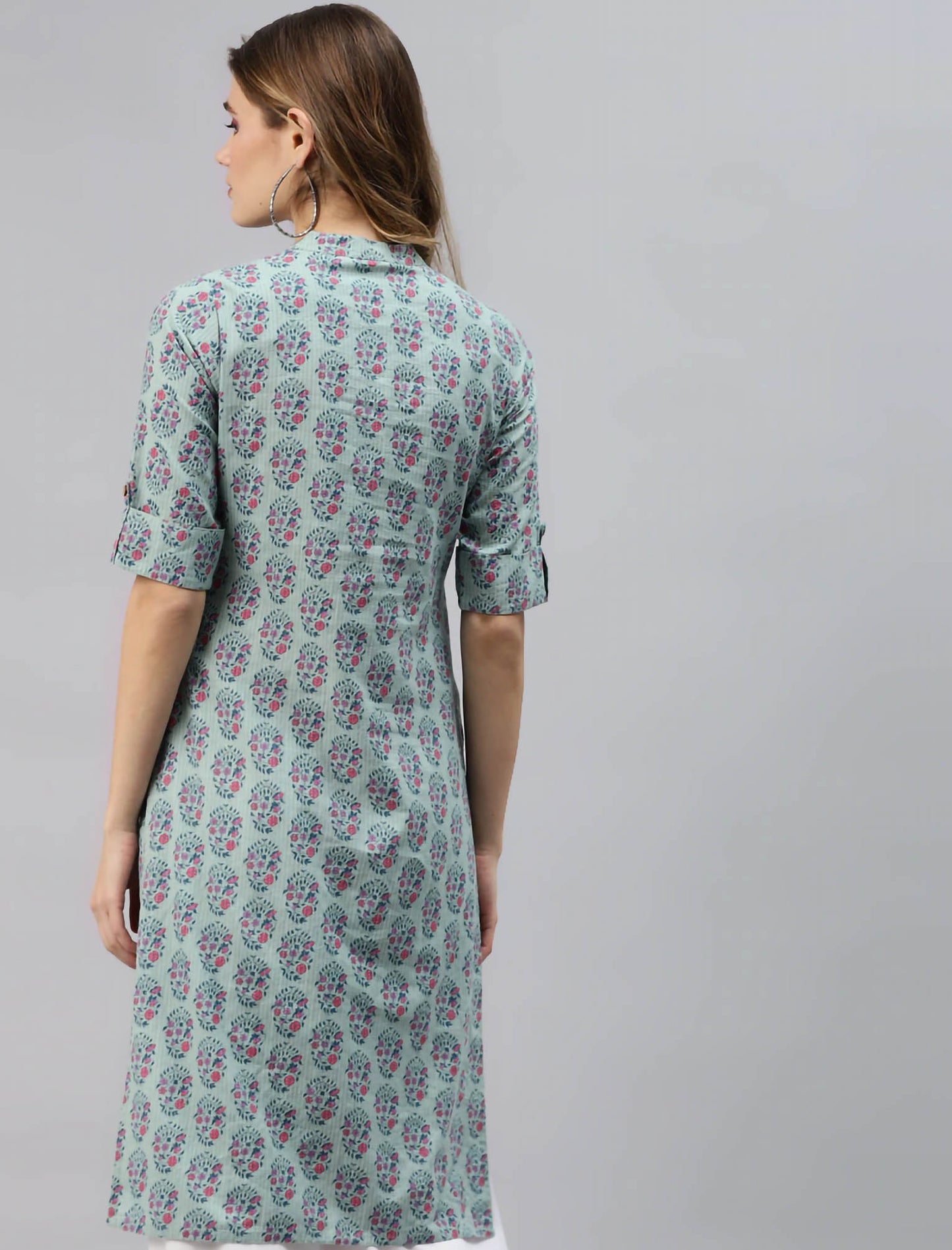 Turquoise Blue & Pink Ethnic Motifs Printed Cotton Divena Kurta For Women