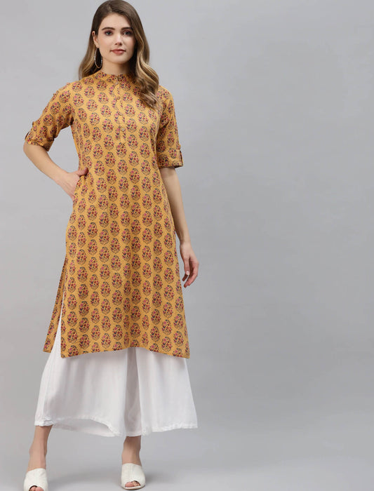 Mustard Yellow & Pink Ethnic Motifs Printed Cotton Divena Kurta For Women