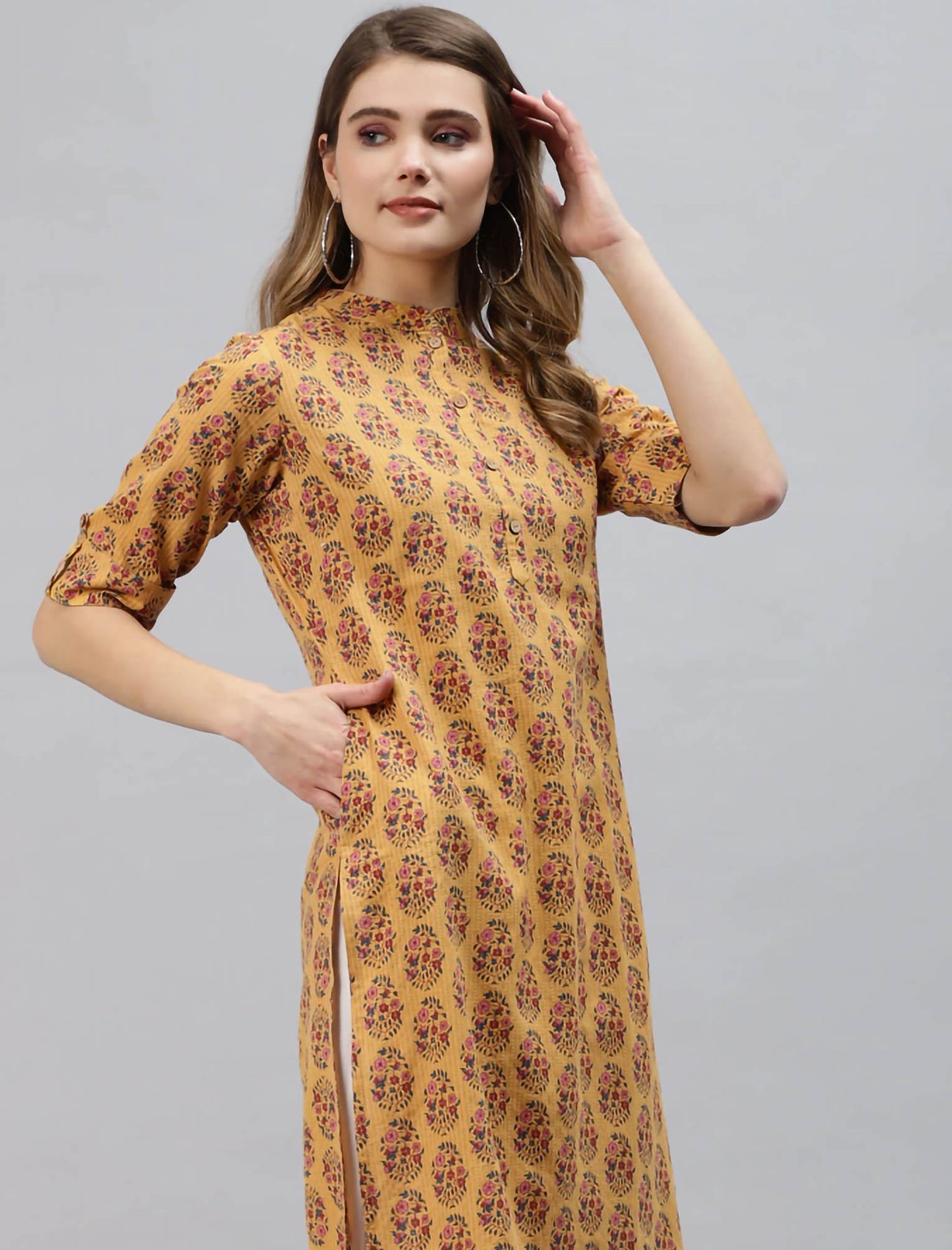 Mustard Yellow & Pink Ethnic Motifs Printed Cotton Divena Kurta For Women