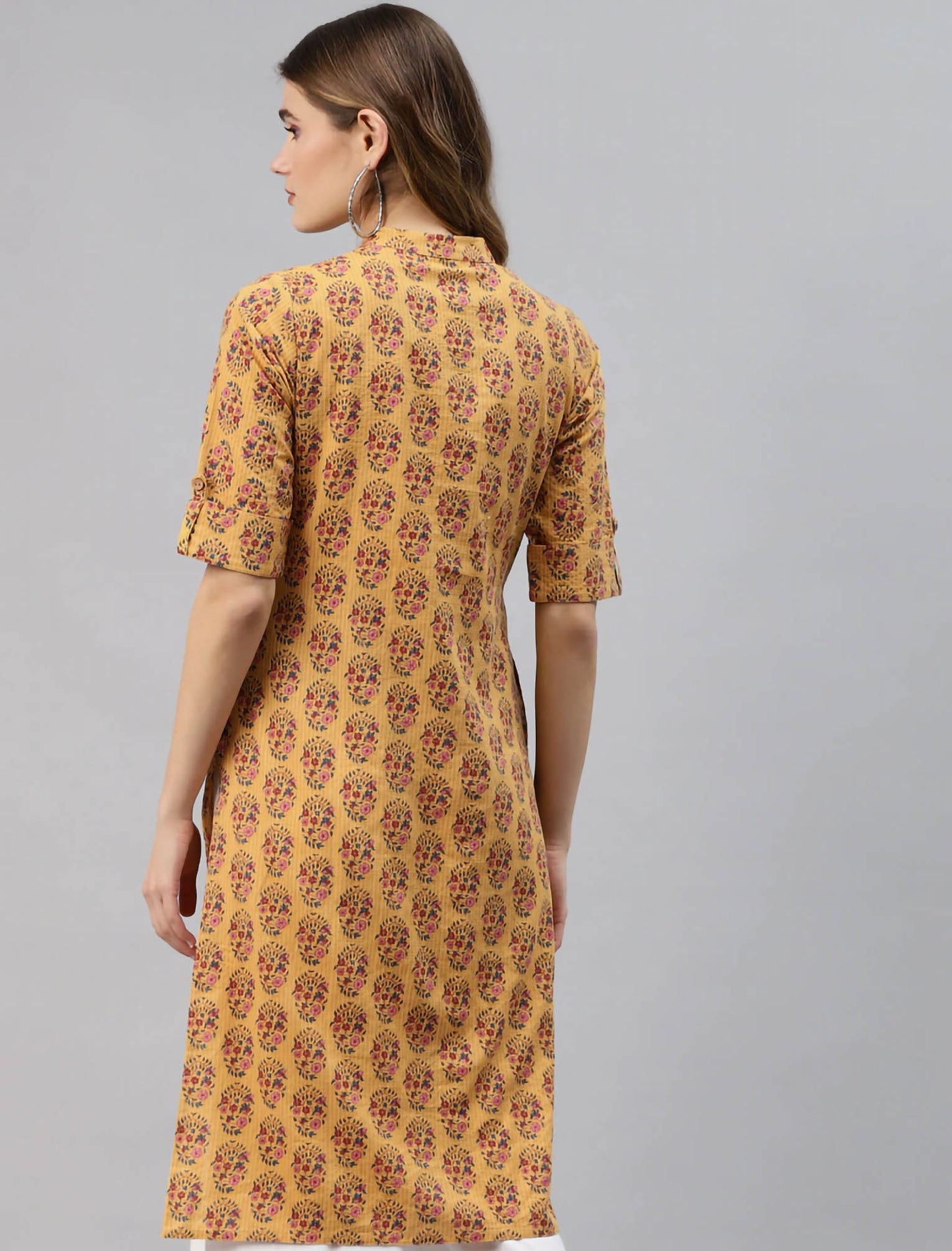 Mustard Yellow & Pink Ethnic Motifs Printed Cotton Divena Kurta For Women