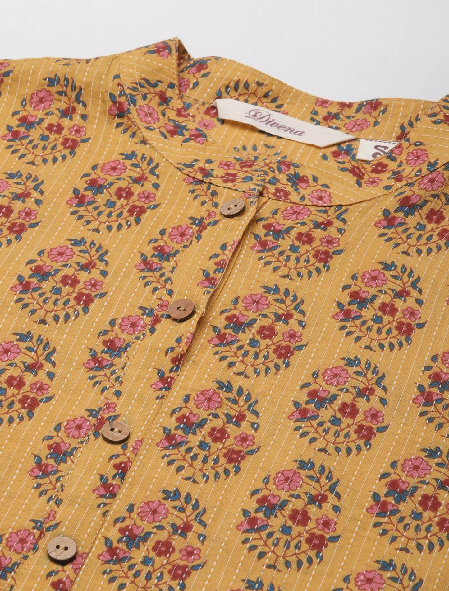 Mustard Yellow & Pink Ethnic Motifs Printed Cotton Divena Kurta For Women