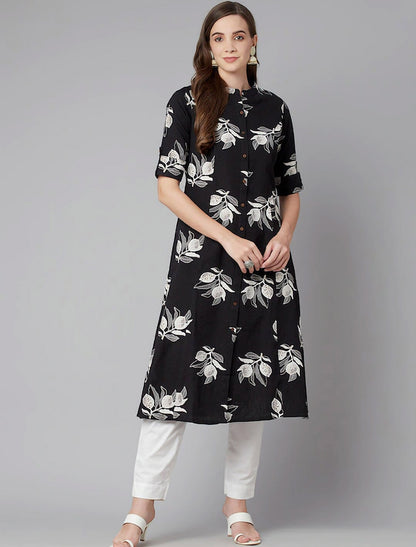 Black Floral Printed A-line Divena Kurta for Women