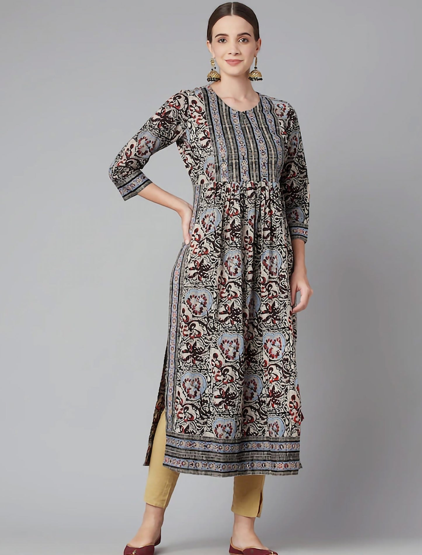 Grey & Multicoloured Floral Printed Floral Divena Kurta For Women