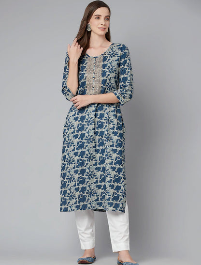 Blue & Cream-Coloured Cotton Floral Printed Floral Divena Kurta For Women