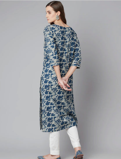 Blue & Cream-Coloured Cotton Floral Printed Floral Divena Kurta For Women