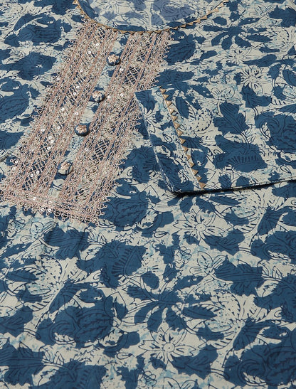 Blue & Cream-Coloured Cotton Floral Printed Floral Divena Kurta For Women