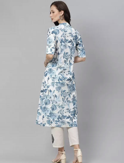 White & Blue Pure Cotton Floral Printed Divena Kurta For Women