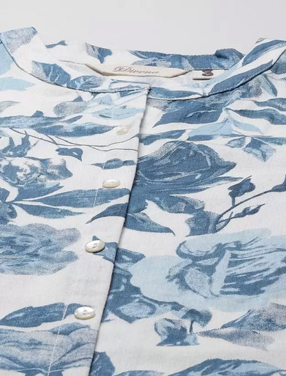 White & Blue Pure Cotton Floral Printed Divena Kurta For Women