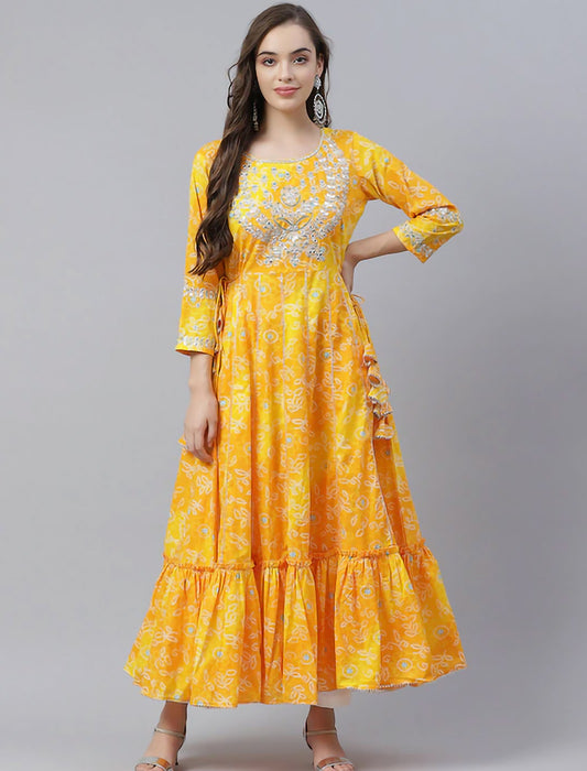 Yellow & White Bandhani Printed Anarkali Divena Kurta For Women