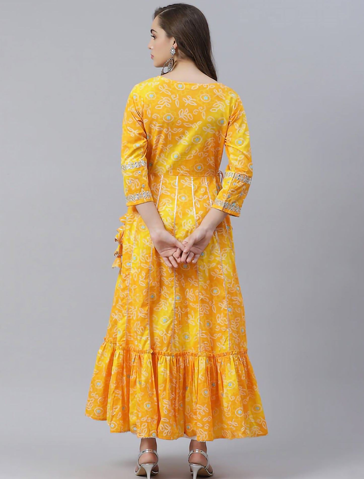 Yellow & White Bandhani Printed Anarkali Divena Kurta For Women