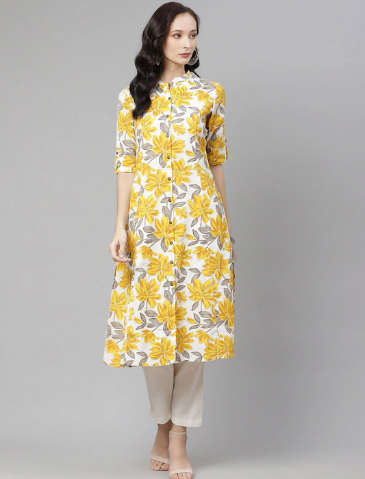 White & Mustard Yellow Floral Print Pure Cotton Divena Kurta For Women