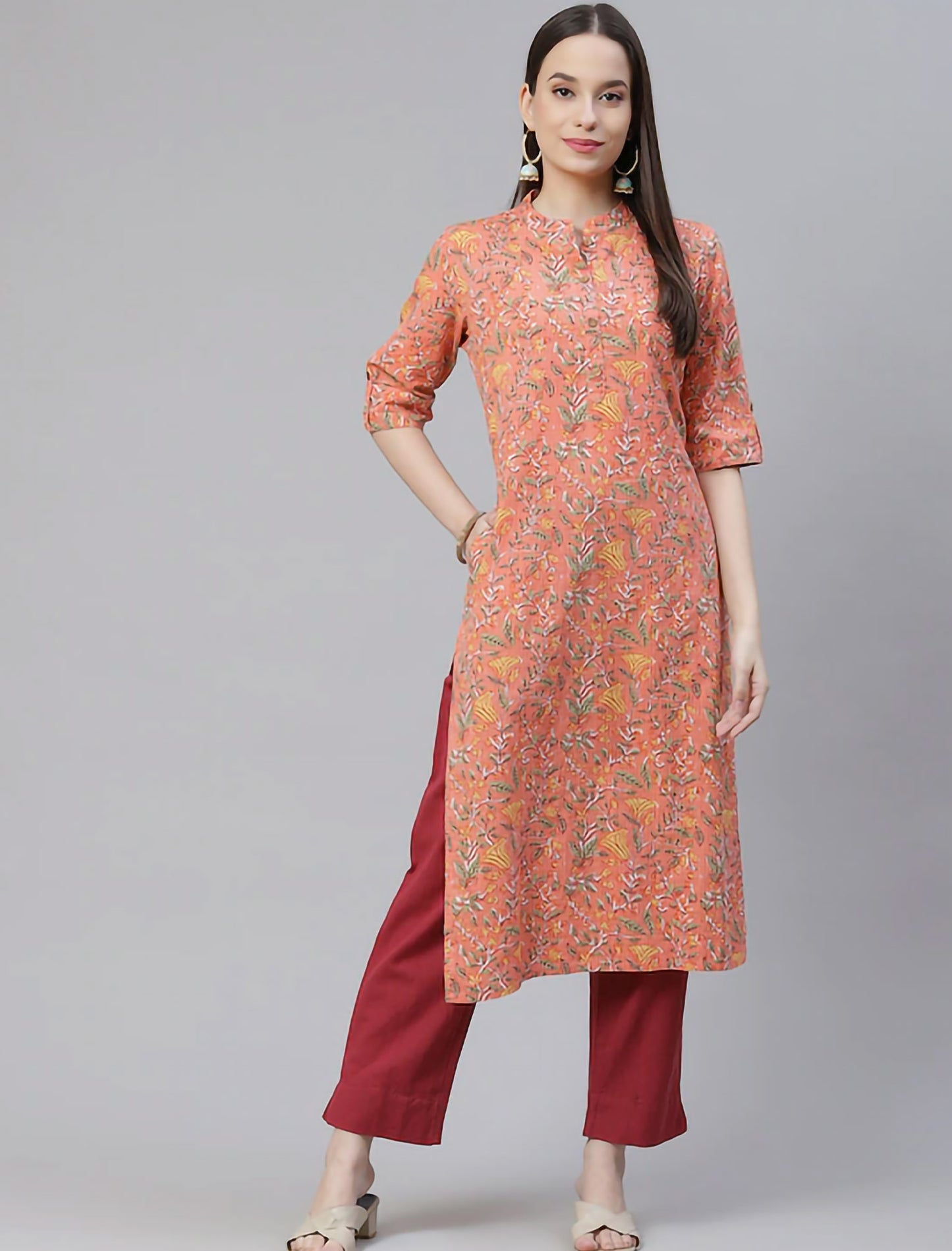 Peach & Yellow Floral Printed Floral Divena Kurta For Women