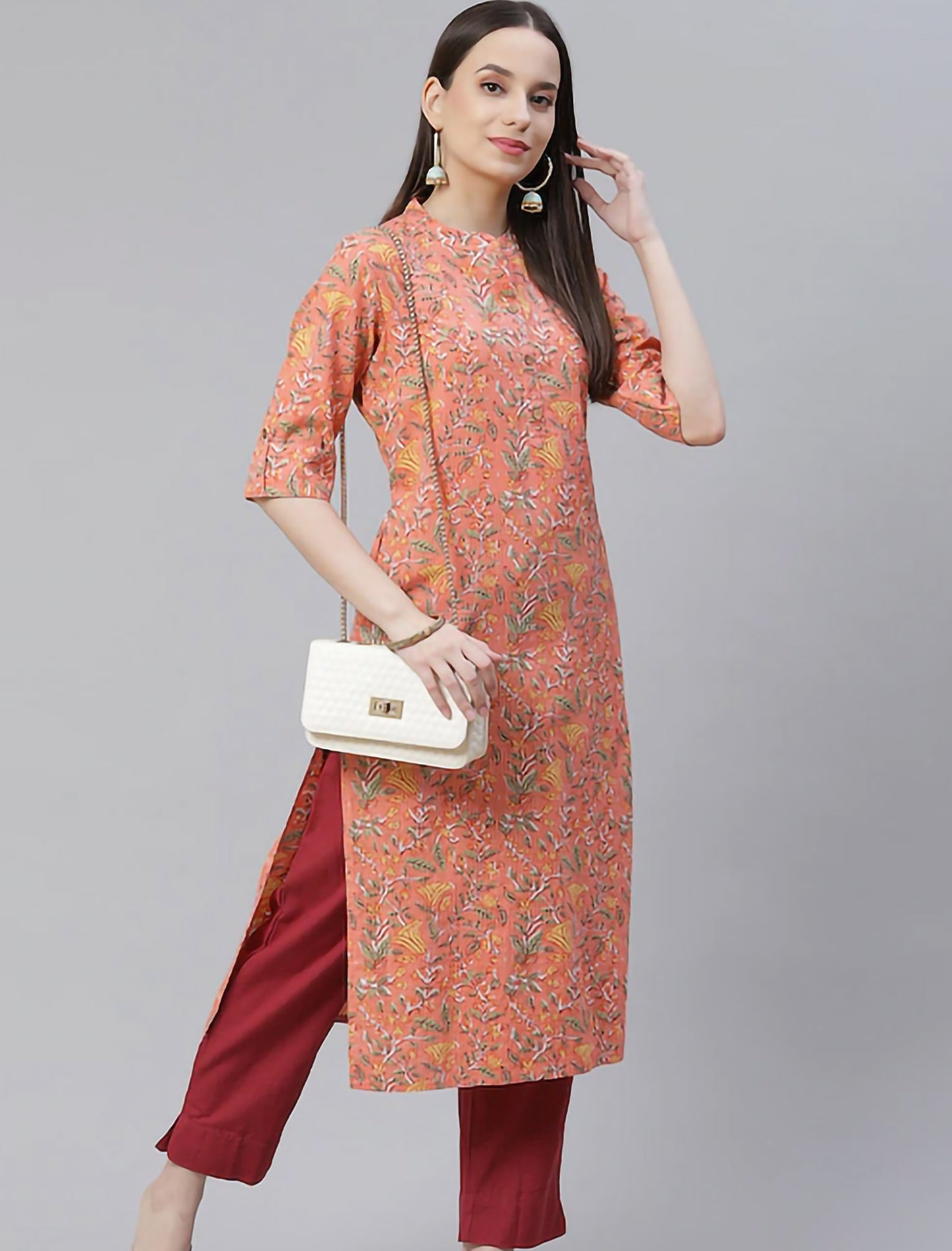 Peach & Yellow Floral Printed Floral Divena Kurta For Women