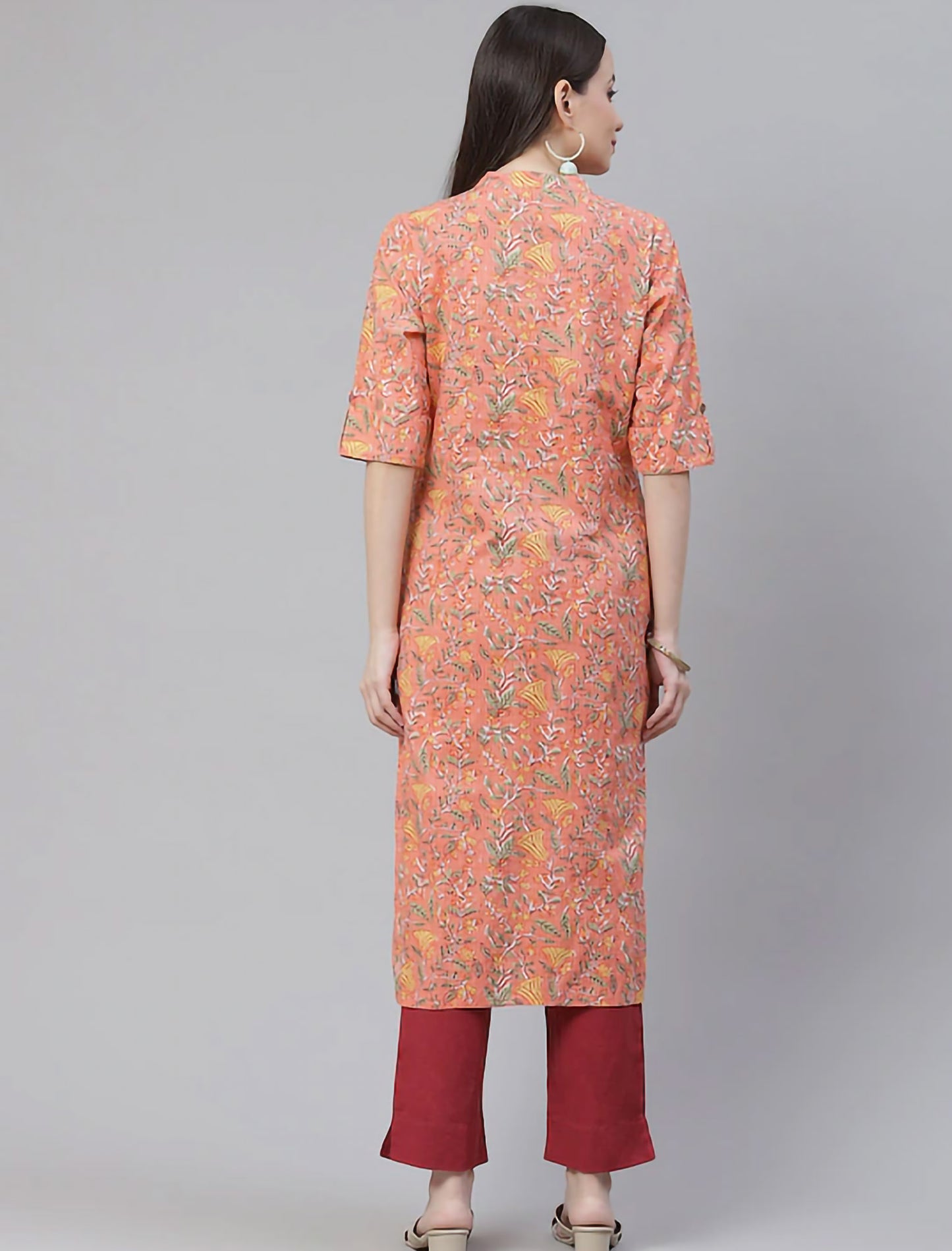 Peach & Yellow Floral Printed Floral Divena Kurta For Women