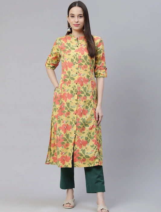 Yellow & Red Floral Printed Floral Divena Kurta For Women