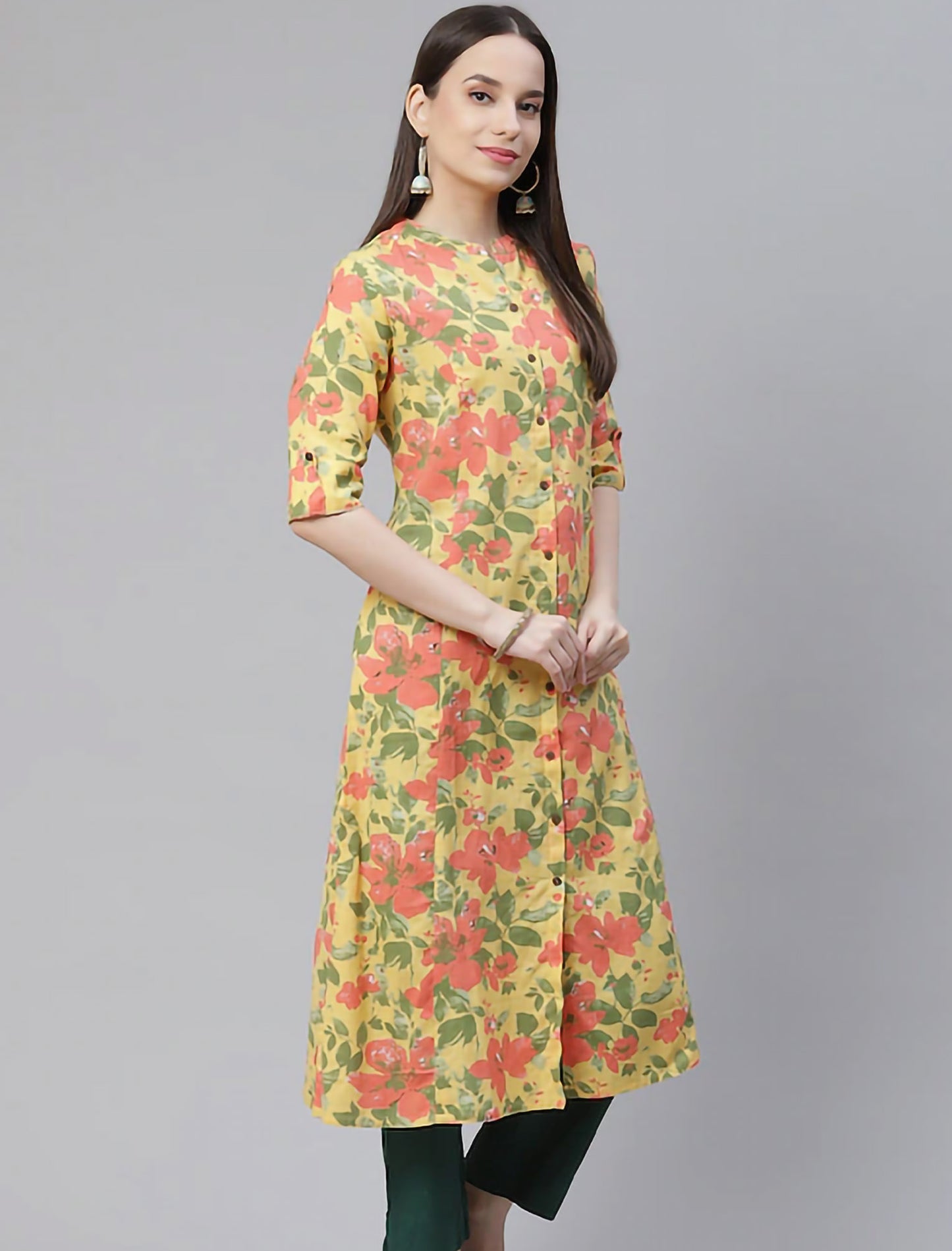 Yellow & Red Floral Printed Floral Divena Kurta For Women