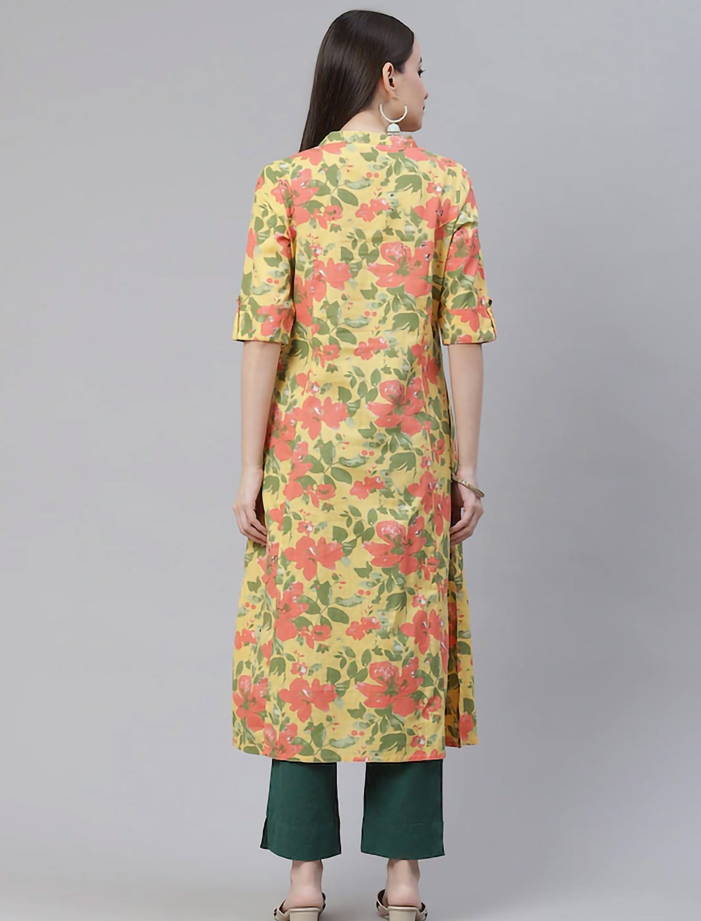 Yellow & Red Floral Printed Floral Divena Kurta For Women