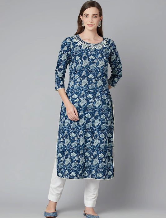 Blue & Off White Floral Printed Thread Work Floral Divena Kurta For Women