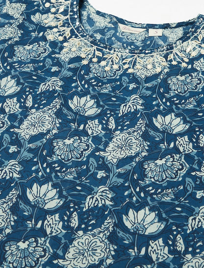 Blue & Off White Floral Ethnic Kurta For Women