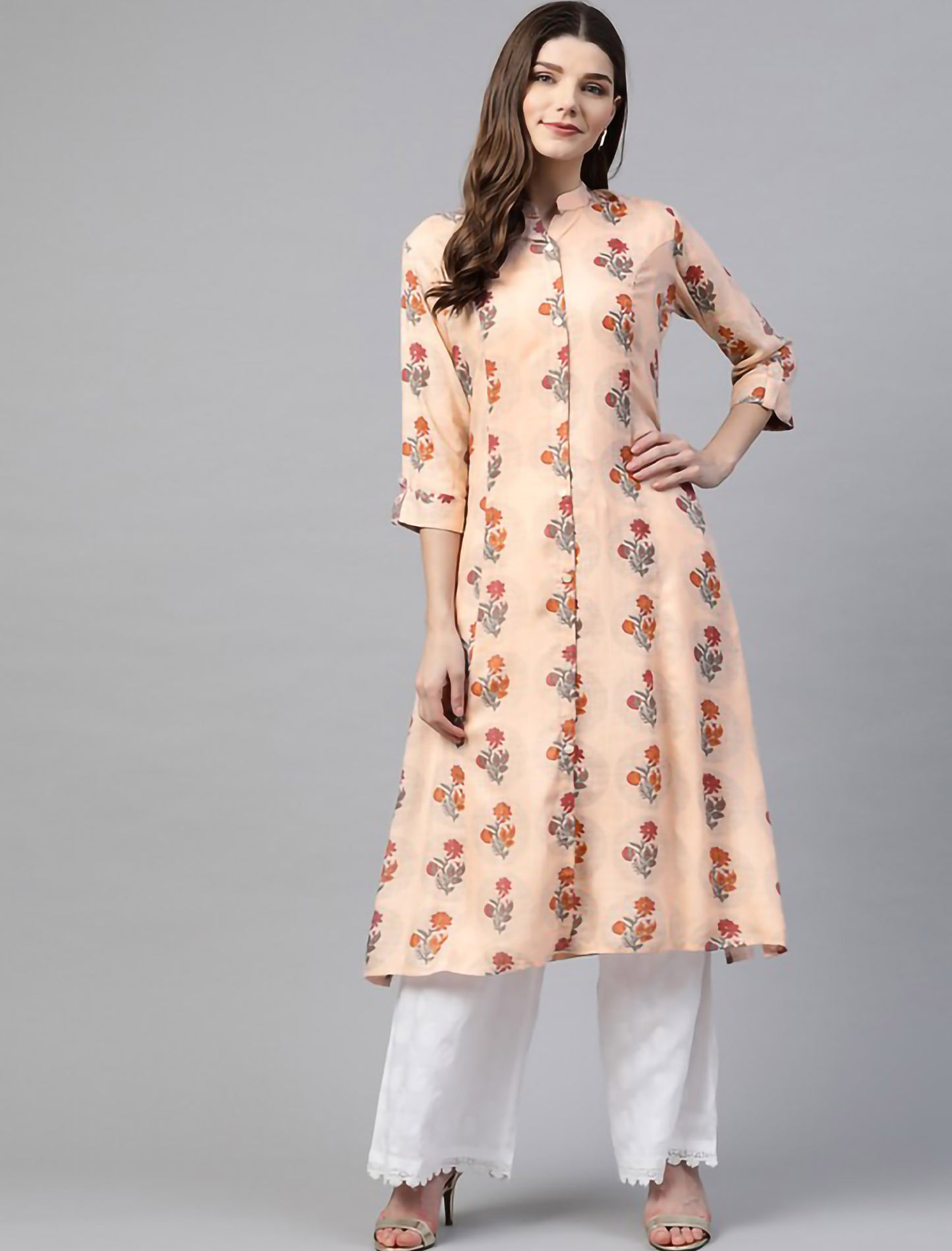 Peach & Coral Orange Coloured Ethnic Motifs Printed A-Line Divena Kurta For Women