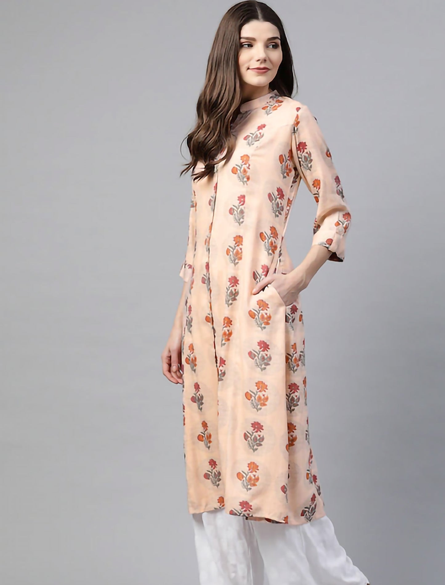 Peach & Coral Orange Coloured Ethnic Motifs Printed A-Line Divena Kurta For Women