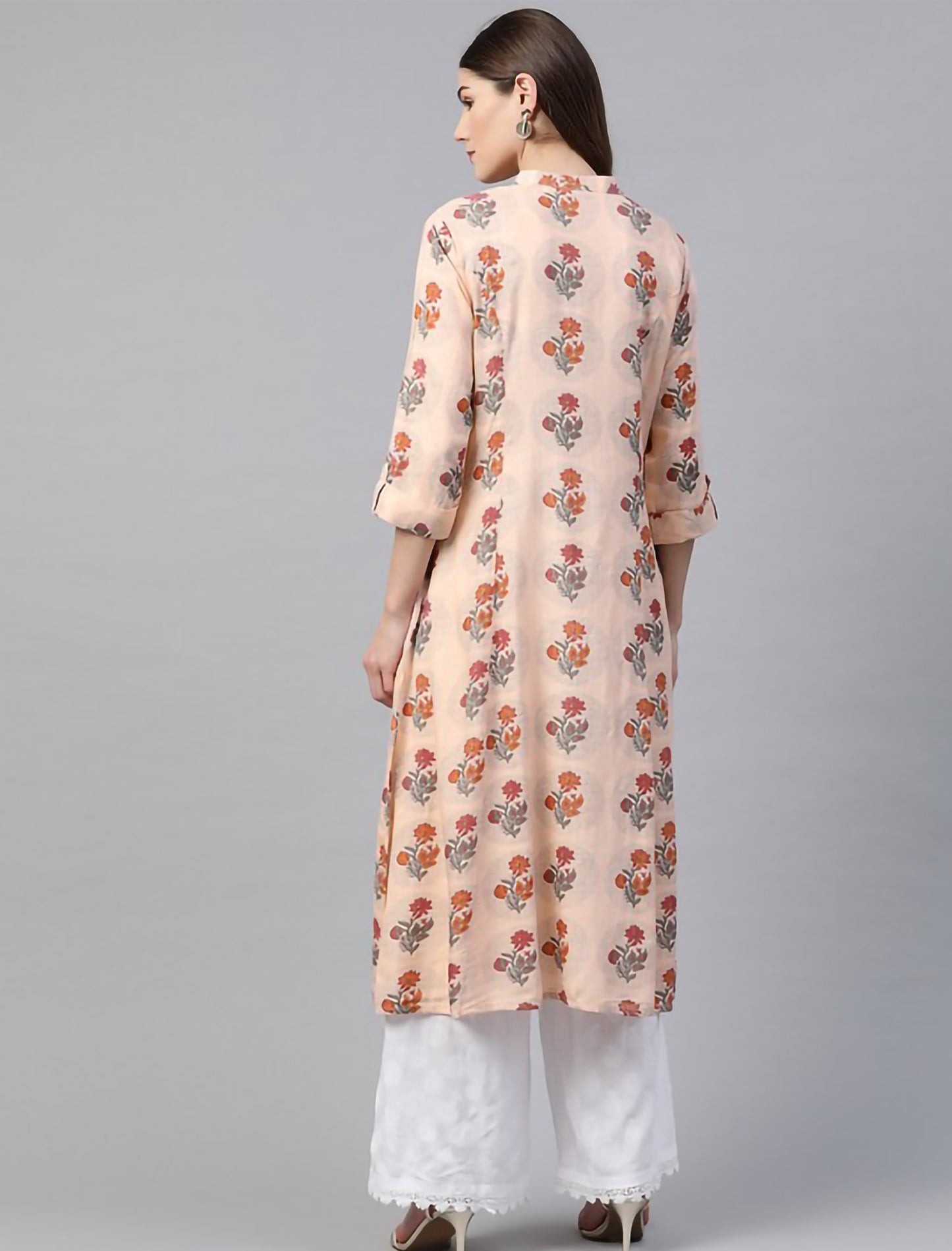 Peach & Coral Orange Coloured Ethnic Motifs Printed A-Line Divena Kurta For Women