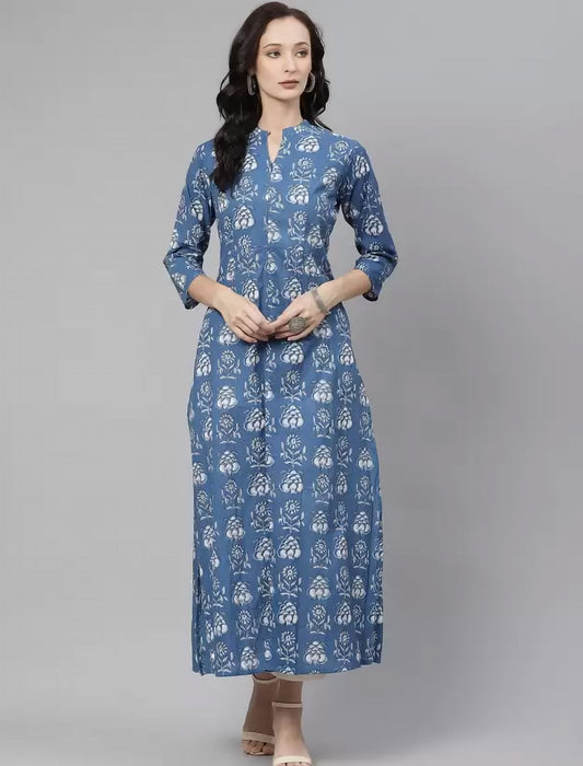 Blue & White Pure Cotton Ethnic Motifs Printed Divena Kurta For Women