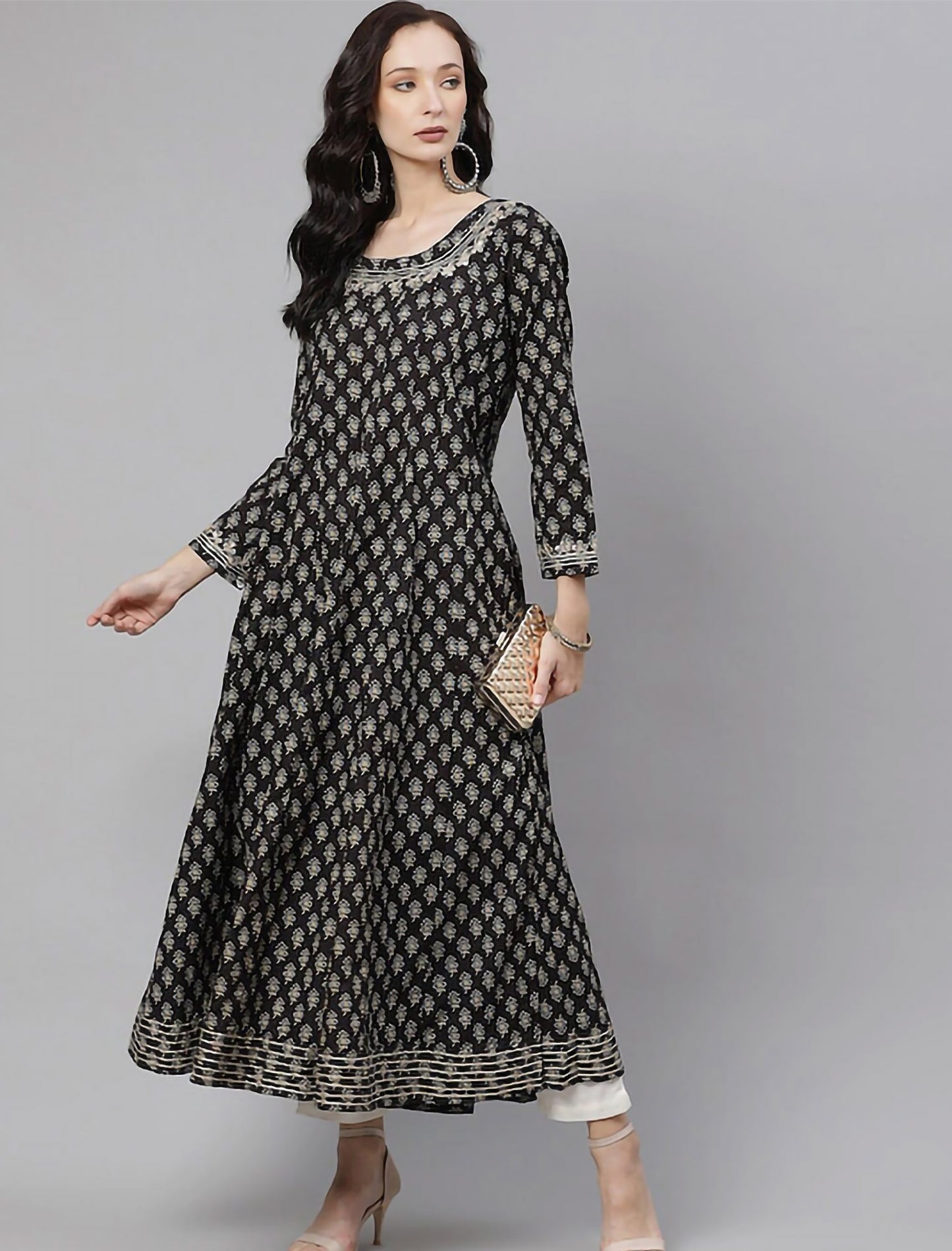 Black Ethnic Motifs Printed Floral Anarkali Divena Kurta For Women