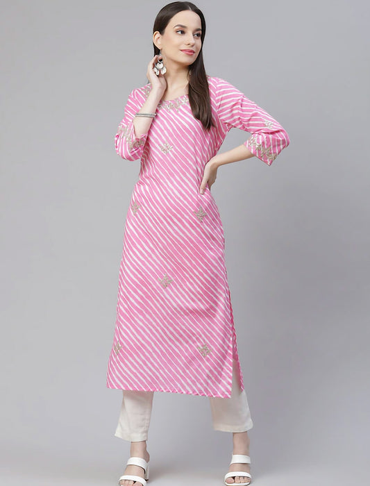 Pink & White Leheriya Printed Gotta Patti Divena Kurta For Women