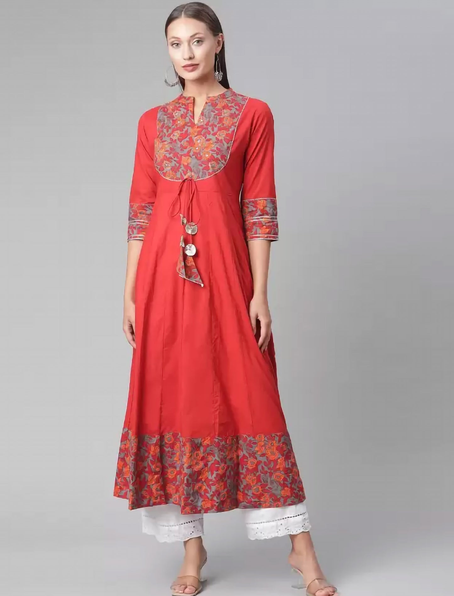 Red & Grey Floral Printed Gotta Patti Floral Anarkali Divena Kurta For Women