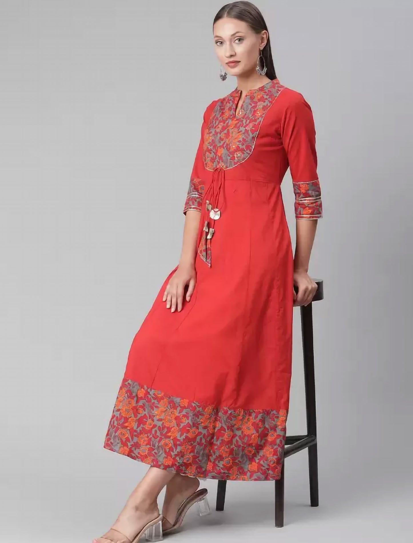 Red & Grey Floral Printed Gotta Patti Floral Anarkali Divena Kurta For Women