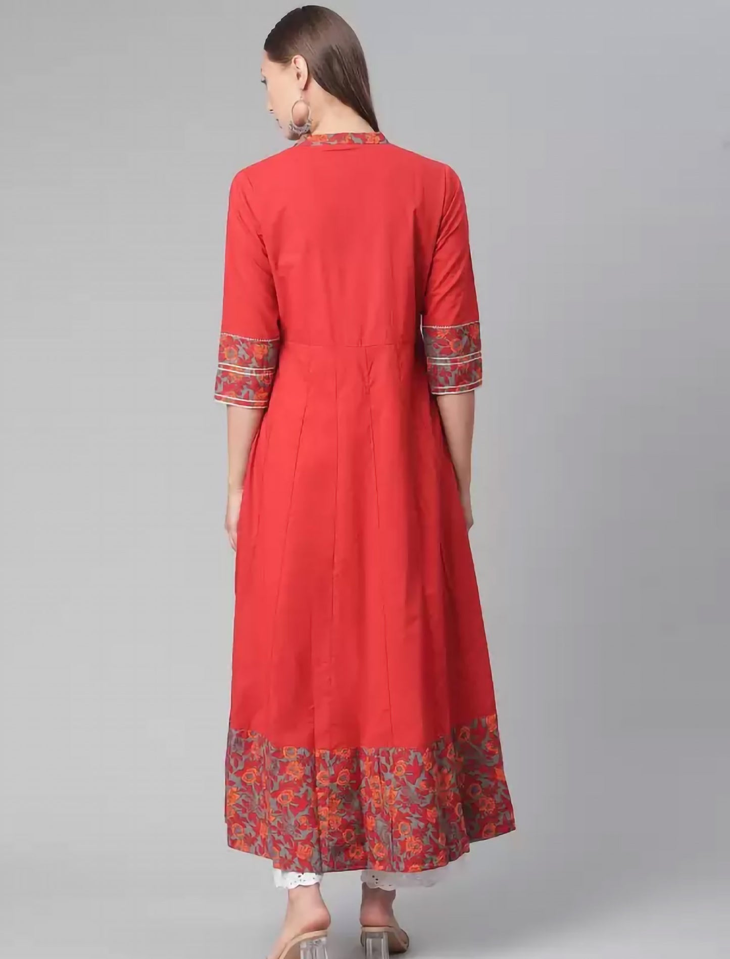 Red & Grey Floral Printed Gotta Patti Floral Anarkali Divena Kurta For Women