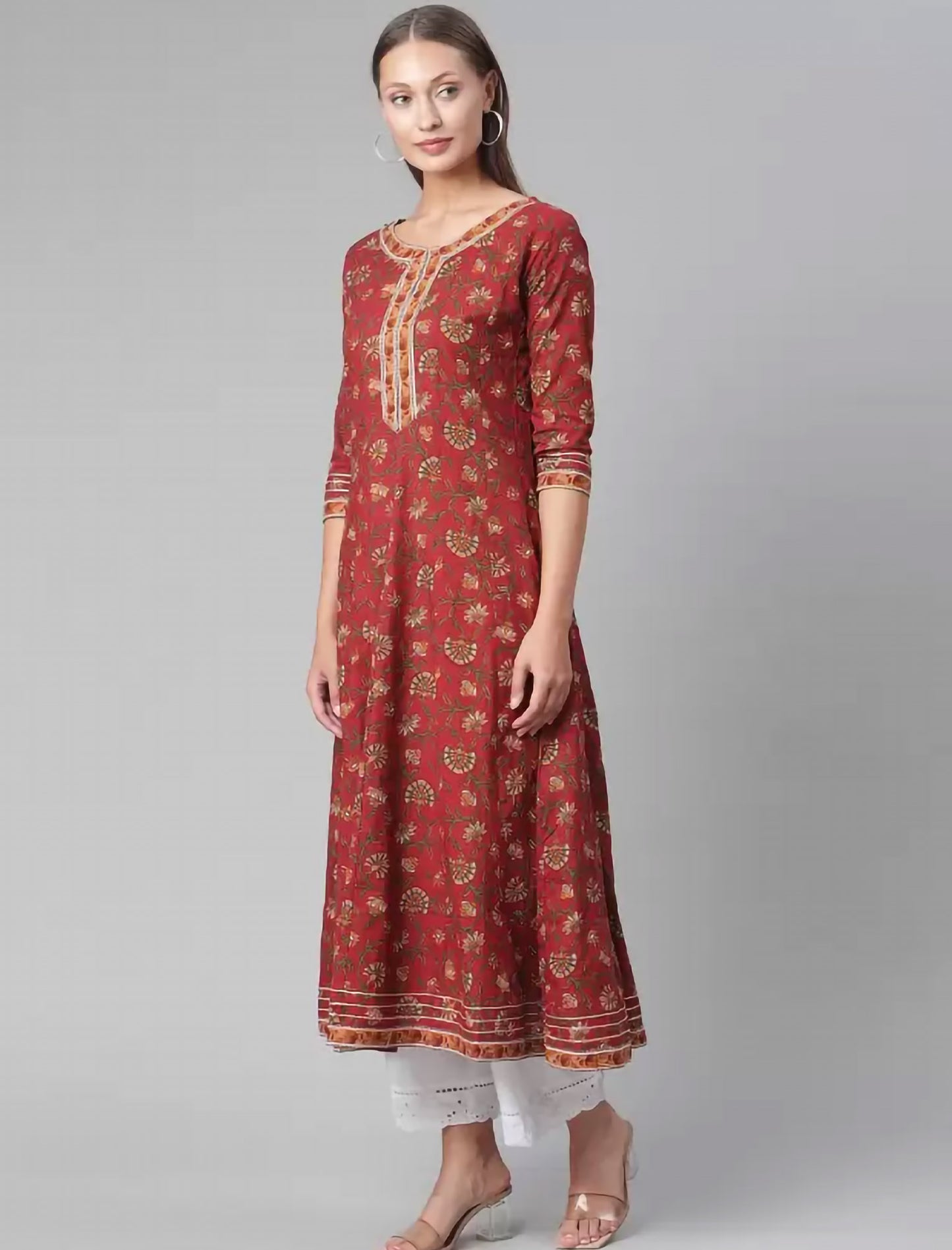 Maroon & Mustard Yellow Floral Printed Floral Anarkali Divena Kurta For Women